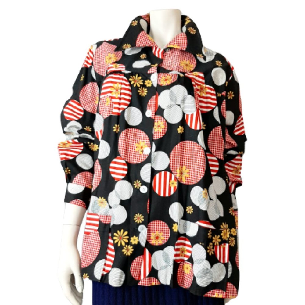 1970s Vintage Never Worn Bright Mod Print Cotton Smock Jacket Button Front Large